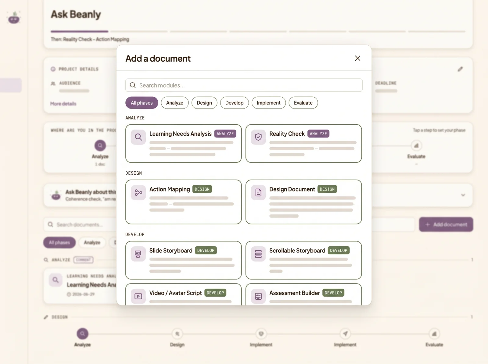 Adding learning design documents in Beanly Studio