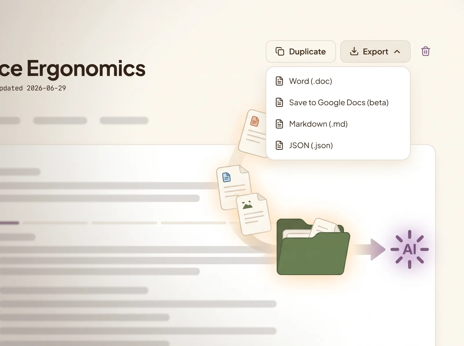 Exporting a document from Beanly Studio to Word, Markdown or JSON